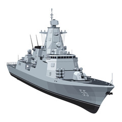 Obraz premium A gray warship with a pointed bow and various military equipment on a white background, showcasing its sleek design and advanced features.