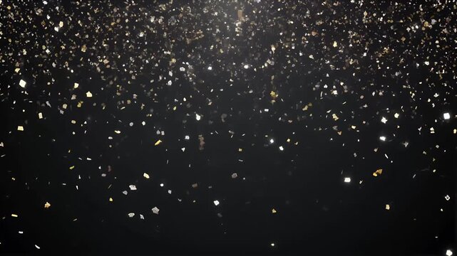 Floating silver glitter particles shimmer on dark background.