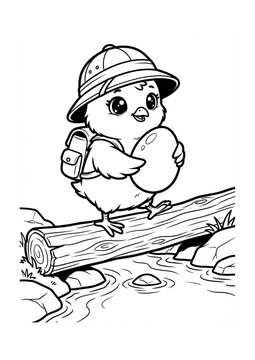 Adventurous Chick Explorer Coloring Page for Kids. Cute Cartoon Bird with Safari Hat and Backpack Carrying an Egg While Crossing a Log Bridge Over a River.
