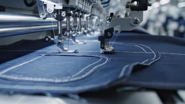 Industrial Sewing Machine Produces Clean Denim Stitches. Robotic Sewing Apparatus Intricately Stitches Denim Sections With Exact White Thread Following Patterns Accurately