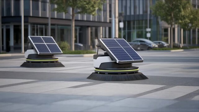 Three mobile solar trackers generate clean power in modern plaza.