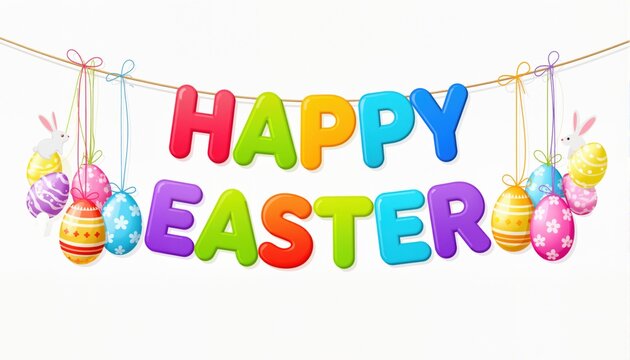 happy easter text, hanging bright colorful letters and eggs, creative decorative vector banner isolated on white background

