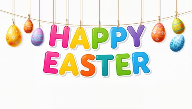happy easter text, hanging bright colorful letters and eggs, creative decorative vector banner isolated on white background
