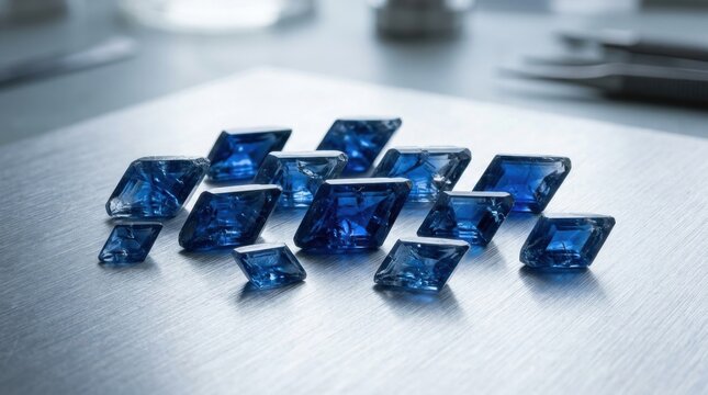 Collection of Brilliant Blue Sapphire Crystals with Trigonal Tabular Shapes Arranged on a Reflective Surface