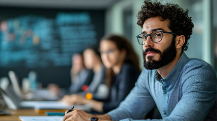 Obraz premium Focused man in glasses attending a business meeting with colleagues, discussing strategies in a modern office