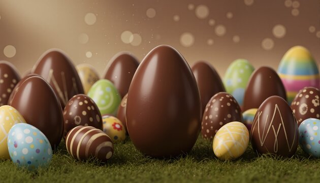 Chocolate Easter Egg background. Easter Wallpaper showing a collection of Chocolate Eggs. 3D Render 
