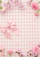 Pink gingham background with flowers and bow decoration