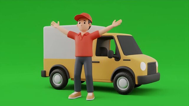 Cartoon delivery driver posing beside small van on green background.