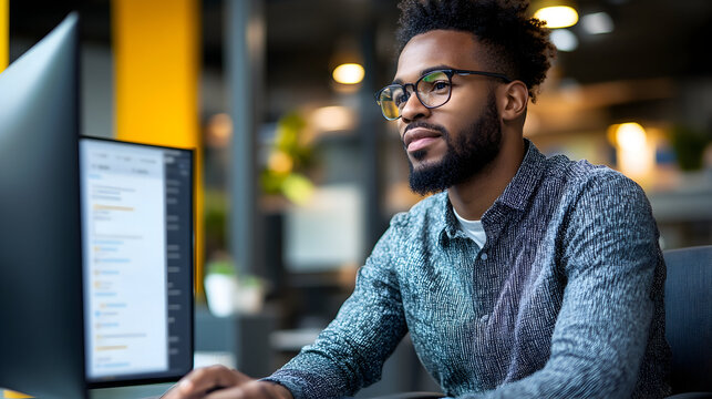 Focused young man working on a computer in a modern office with plants and bright lighting in the background