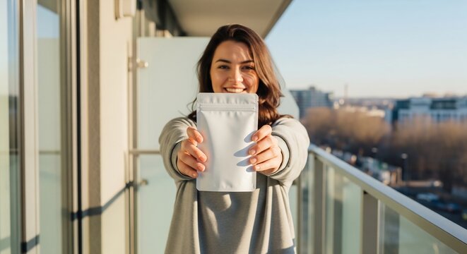 Smiling young woman holding and presenting a blank white stand-up pouch mockup, perfect for product branding, on a sunny urban balcony.
