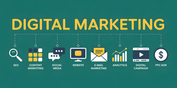 Digital Marketing Strategy Icons Showing SEO Content Social Media Web Email Analytics PPC Ads