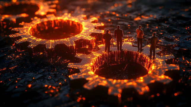 A group of four individuals standing on glowing, molten gears in a futuristic industrial landscape at night