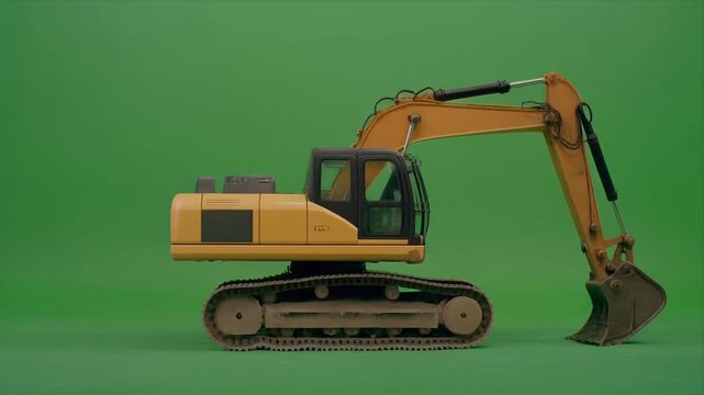 Yellow tracked excavator side profile moving boom on green studio background.