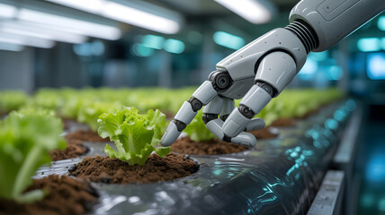 Robot arm tending to lettuce plants in a vertical farm automated agriculture technology