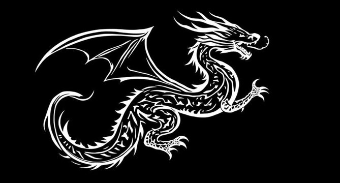 Black dragon silhouette tattoo vector illustration on white background featuring a tribal fantasy animal symbol in a medieval heraldic drawing style for mythology art design