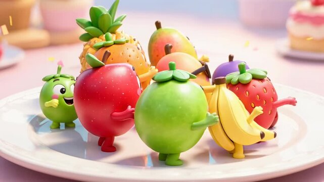 Cute fruit characters with happy faces dancing on plate. Funny banana, strawberry, mango, pineapple, apple animation. Perfect for kids, food and healthy content.