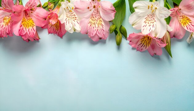 Floral Fantasy: An arrangement of delicate pink and white Peruvian lilies dances gracefully across a soft pastel blue canvas, showcasing their vibrant hues.