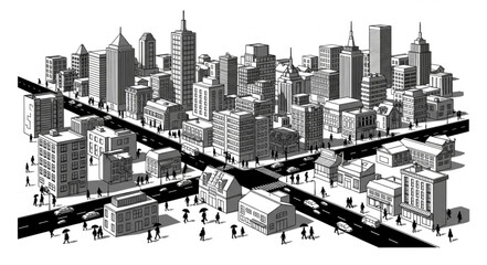 Black and White Illustration of a Busy Cityscape with Skyscrapers and Traffic.