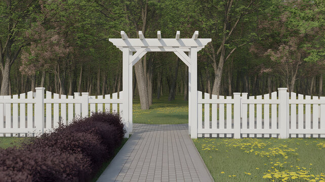 White Wooden Archway Arbor Entrance with Picket Fence and Garden Path
