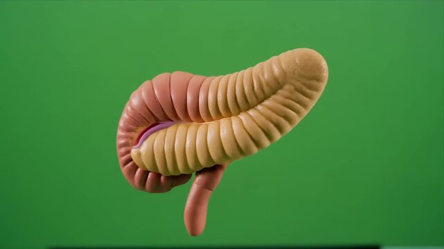Colorful segmented wormlike organism rotating on green background.