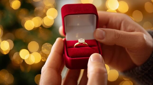 Slow motion handheld close up of hands opening red jewelry box presenting engagement ring against bokeh christmas lights in decorated living room evening