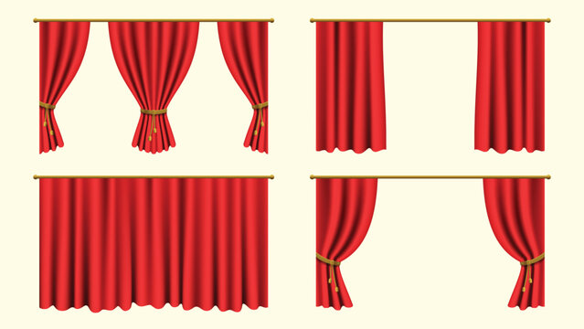 Realistic red curtains set vector design. Bundle elements of different border shapes of silk drapery interior textile for theater stage decoration. Vector illustration isolated objects