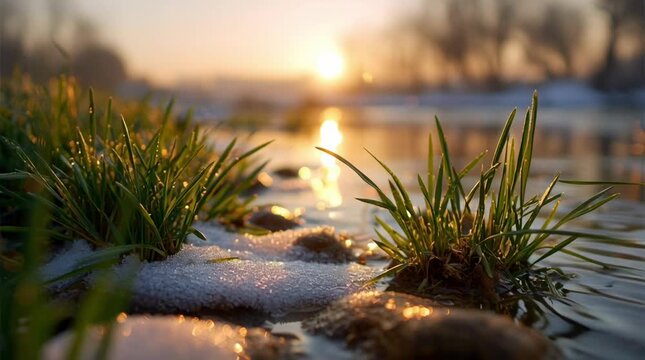 Tracking shot of low dolly slow motion closeup of grass tufts melting snow and dripping water at river edge on shoreline during winter sunrise with golden sunlight reflections