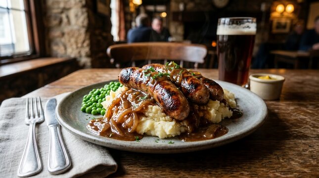 Traditional Bangers and Mash with Onion Gravy British Pub Meal