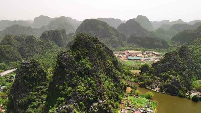 Aerial view of ninh binh landscape, vietnam, a popular tourist destination with limestone karst mountains 