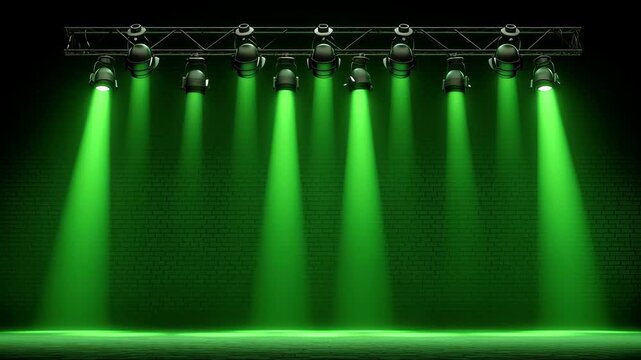 Green stage spotlights shining beams of light on empty dark background with dramatic illumination