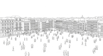 Sketch of a bustling city square filled with people and buildings. © Deni