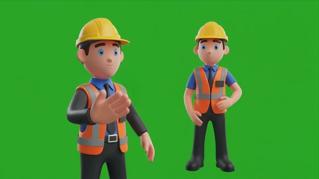 Animated construction workers signaling stop with safety vests on green screen.
