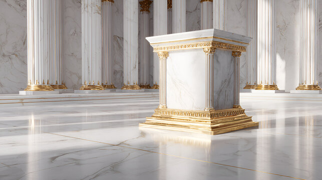 Marble podium with gold trim on a square plinth in a grand hall flanked by white classical columns, an elegant, luxurious display stage evoking triumph and prestige