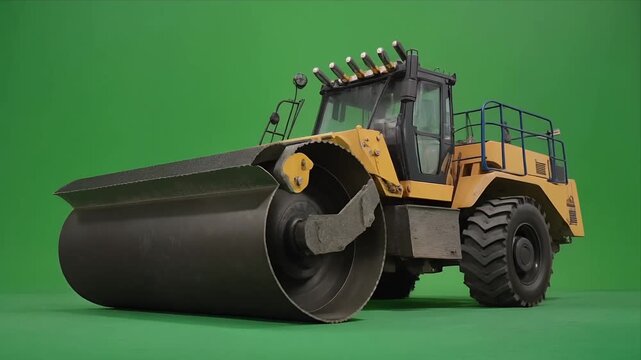 Industrial road roller compactor rotating on green screen background.