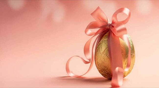 Golden Easter egg with a pink ribbon moving and rotating on a light peach background, happy holiday concept