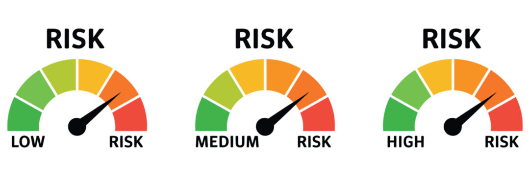 risk meter icon vector gauge, showing low medium high risk levels for dashboard analytics apps and business infographics, clean ui indicator dial symbol for finance security assessment interface.
