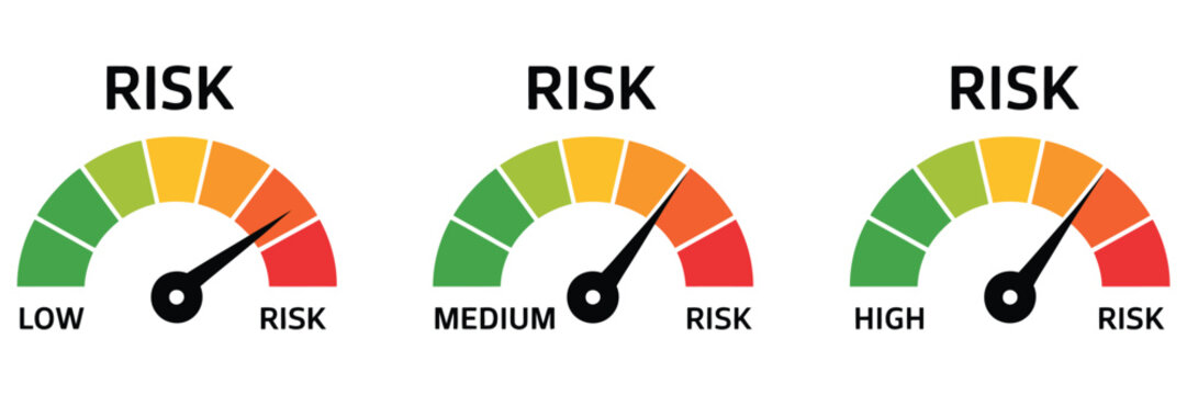 risk meter icon vector gauge, showing low medium high risk levels for dashboard analytics apps and business infographics, clean ui indicator dial symbol for finance security assessment interface.