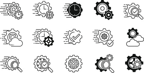 Set of time and process management icons includes gears clock magnifying glass cloud computing