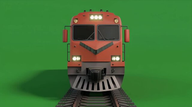 Red locomotive approaching on railway tracks against green screen front view.
