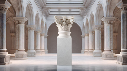 Fototapeta premium White marble corinthian column capital on a square pedestal at the center of a grand classical hall with surrounding arcades, arches and soft ambient lighting creating an ethereal interior
