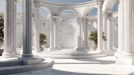 Fototapeta premium Classical marble colonnade with corinthian columns, graceful arches and central circular podium under open sky, evoking timeless elegance, serenity and refined historic grandeur