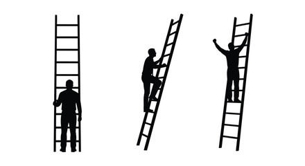Three figures interacting with ladders in a stark black silhouette © momotaj