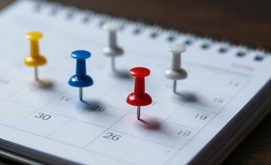 Colorful pins mark key dates on a calendar symbolizing planning and