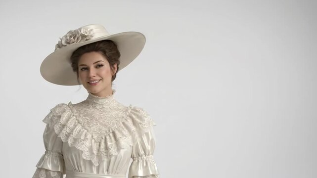 Smiling Woman in Vintage Edwardian Lace Dress and Hat Zoom in
