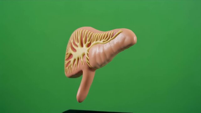 Rotating three dimensional human pancreas anatomy model on green background.