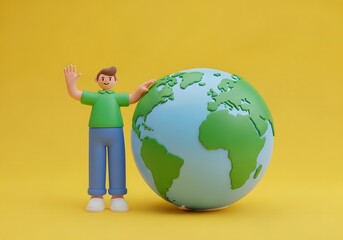 A cartoon man waving next to a large green and blue globe
