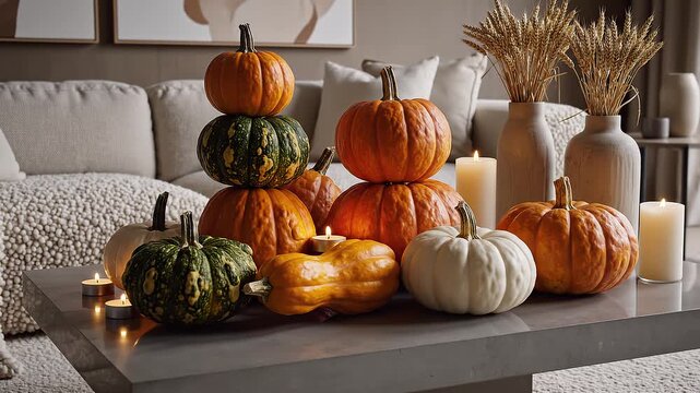 Autumn Pumpkins on Coffee Table Decor.