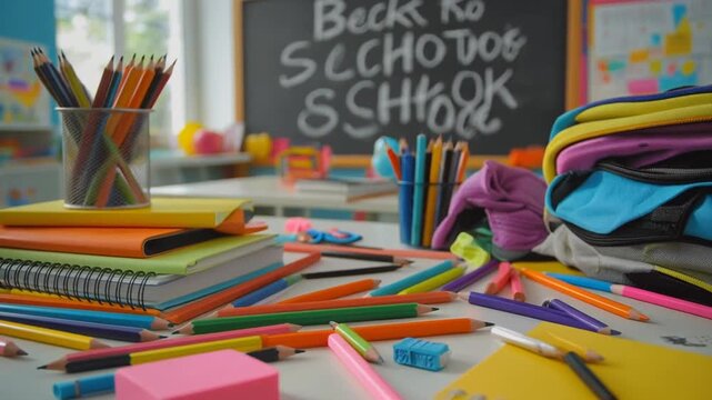 Back to school supplies on table.