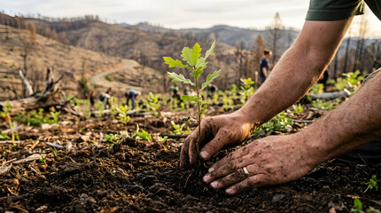 Fototapeta premium Dedicated hands planting new tree in recovering landscape after wildfire devastation