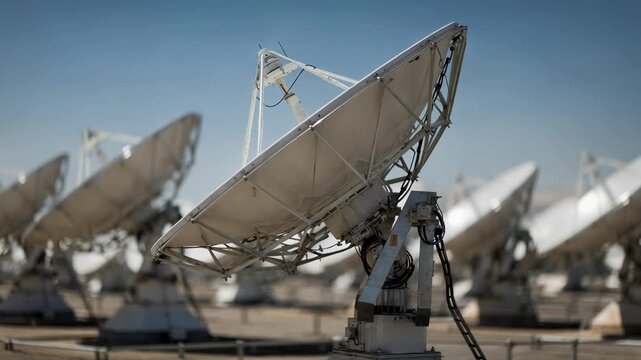 Closeup medium shot of a satellite dish in focus with clear blue sky while the surrounding array of dishes blur softly to emphasize the main object.